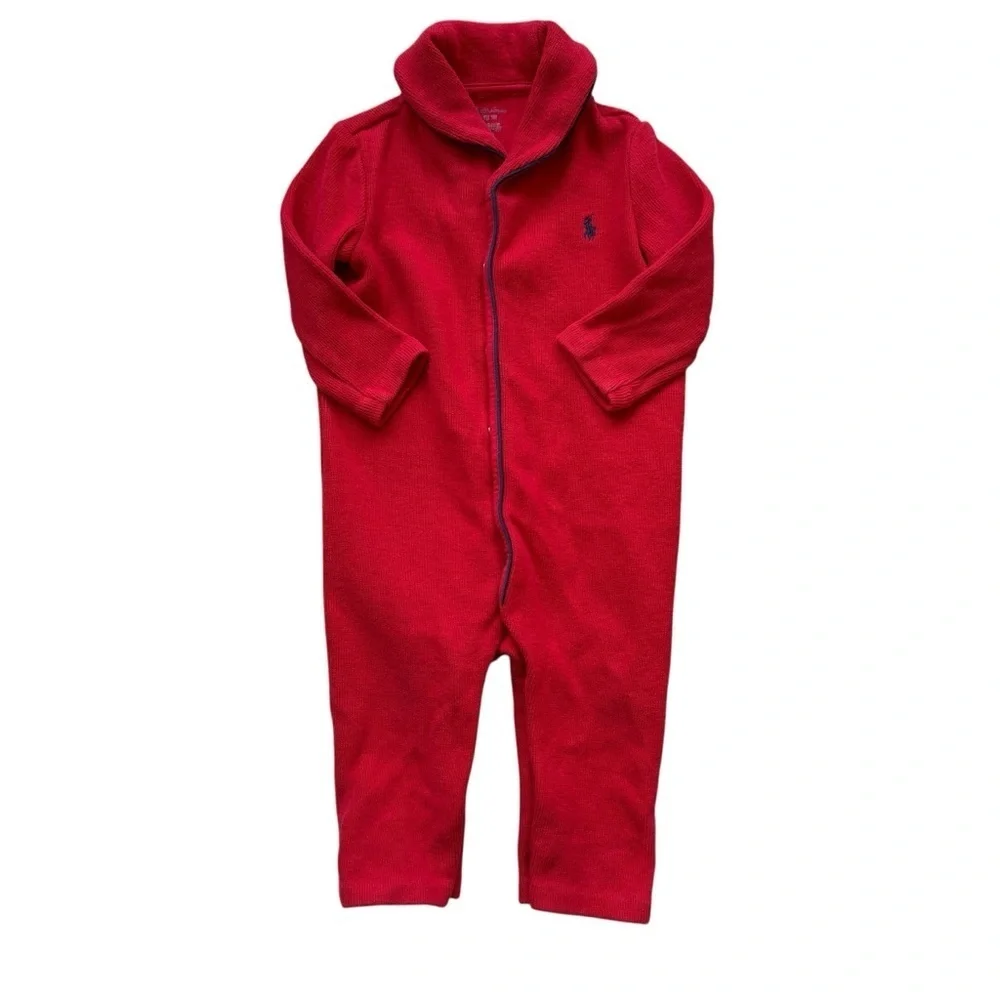 Ralph Lauren Unisex Baby 9M Coverall Red Snap Up Cozy Soft Comfy Embroidered
